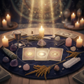 Mystical tarot reading scene with candlelight, crystals and ethereal golden light