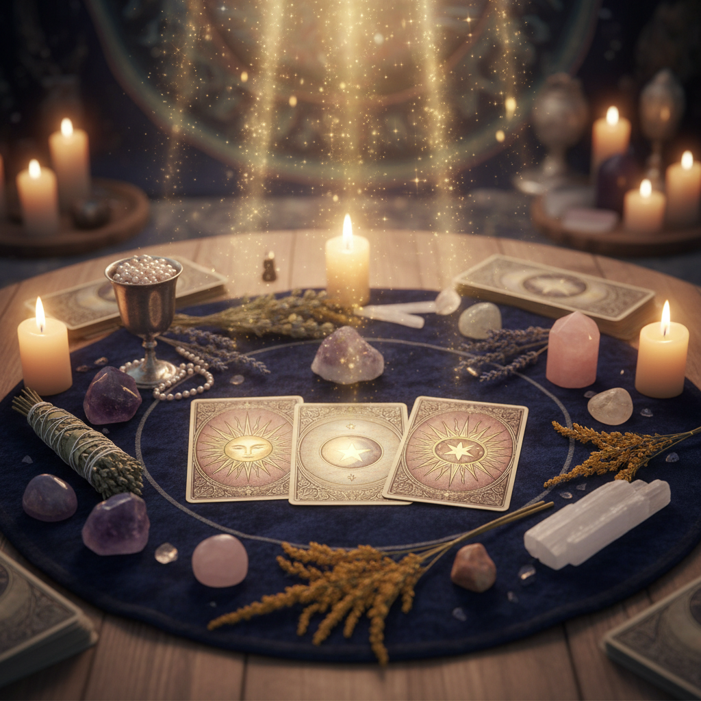Mystical tarot reading scene with candlelight, crystals and ethereal golden light