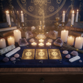 Close up mystical tarot reading with celestial cards, crystals, candles and moonlight in indigo and gold