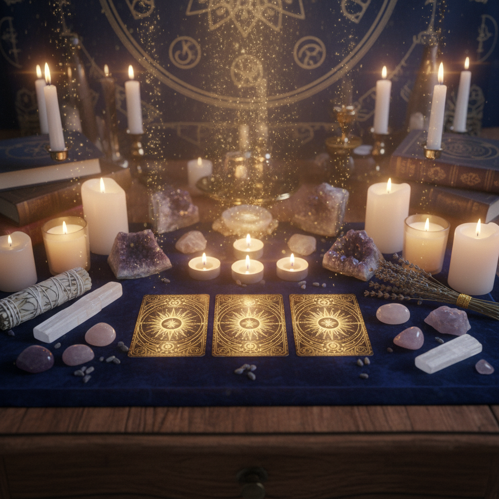 Close up mystical tarot reading with celestial cards, crystals, candles and moonlight in indigo and gold